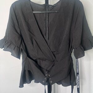 PrettyLittleThing Charcoal Lace-Up Blouse